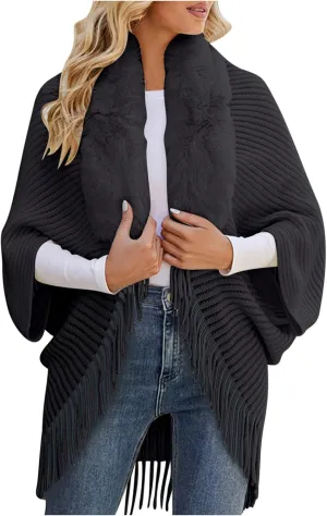 XUNRYAN Womens Sweaters Cardigan Winter Faux-Fur Coat Open Front Cardigans Chunky Knit Fringe Shawl Wraps Wedding Jackets