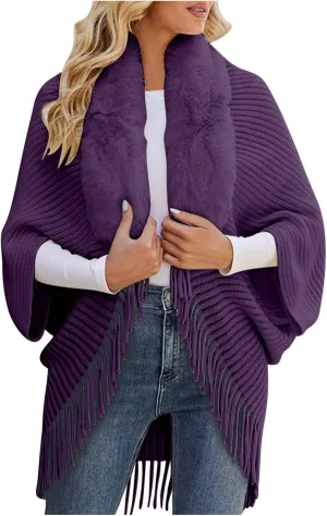 XUNRYAN Womens Sweaters Cardigan Winter Faux-Fur Coat Open Front Cardigans Chunky Knit Fringe Shawl Wraps Wedding Jackets