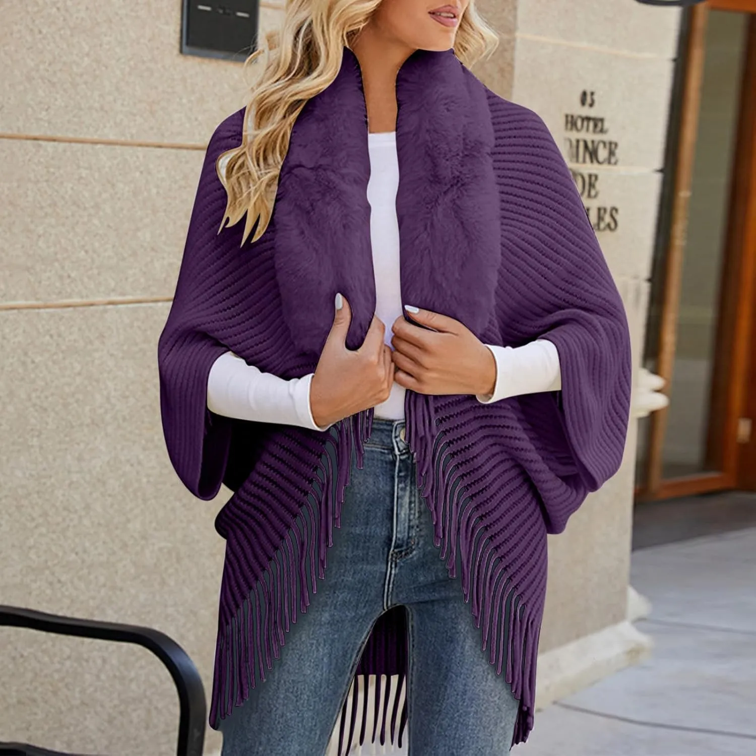 XUNRYAN Womens Sweaters Cardigan Winter Faux-Fur Coat Open Front Cardigans Chunky Knit Fringe Shawl Wraps Wedding Jackets