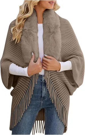 XUNRYAN Womens Sweaters Cardigan Winter Faux-Fur Coat Open Front Cardigans Chunky Knit Fringe Shawl Wraps Wedding Jackets