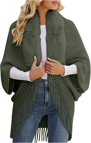XUNRYAN Womens Sweaters Cardigan Winter Faux-Fur Coat Open Front Cardigans Chunky Knit Fringe Shawl Wraps Wedding Jackets