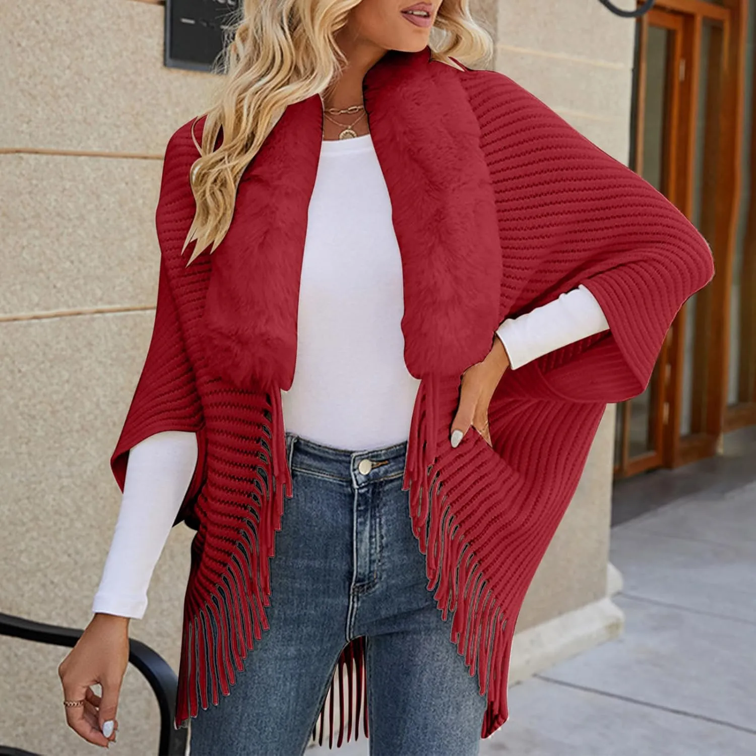XUNRYAN Womens Sweaters Cardigan Winter Faux-Fur Coat Open Front Cardigans Chunky Knit Fringe Shawl Wraps Wedding Jackets