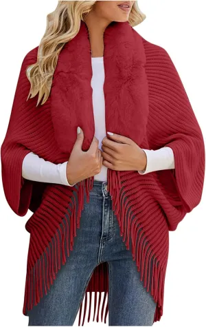 XUNRYAN Womens Sweaters Cardigan Winter Faux-Fur Coat Open Front Cardigans Chunky Knit Fringe Shawl Wraps Wedding Jackets
