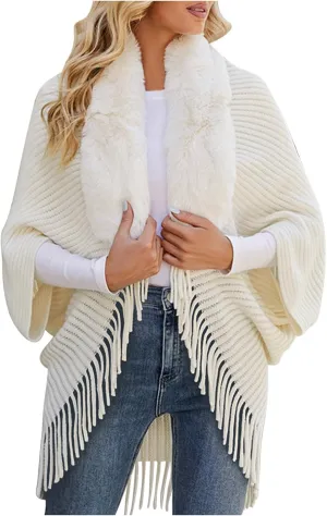 XUNRYAN Womens Sweaters Cardigan Winter Faux-Fur Coat Open Front Cardigans Chunky Knit Fringe Shawl Wraps Wedding Jackets
