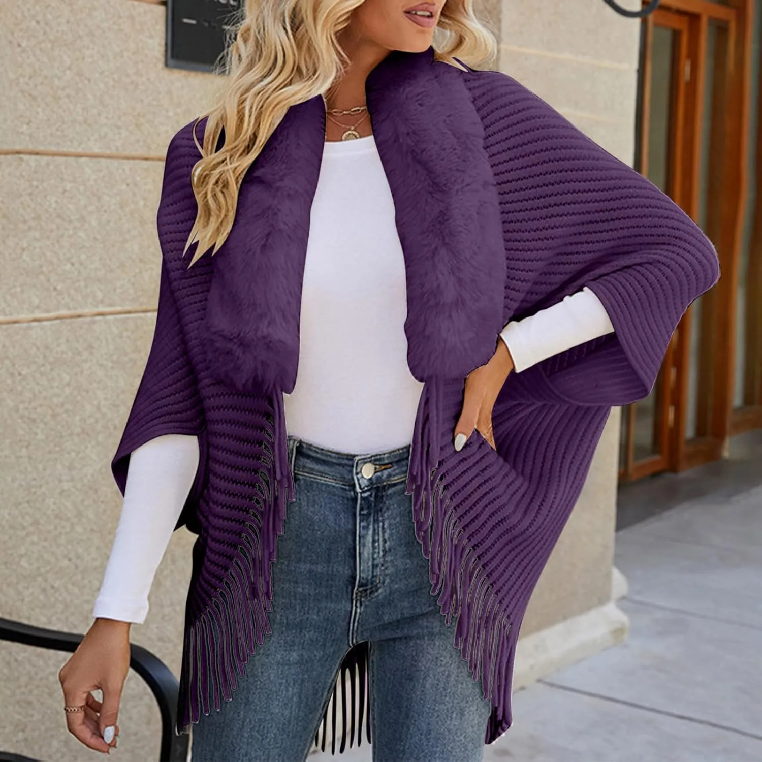 XUNRYAN Womens Sweaters Cardigan Winter Faux-Fur Coat Open Front Cardigans Chunky Knit Fringe Shawl Wraps Wedding Jackets