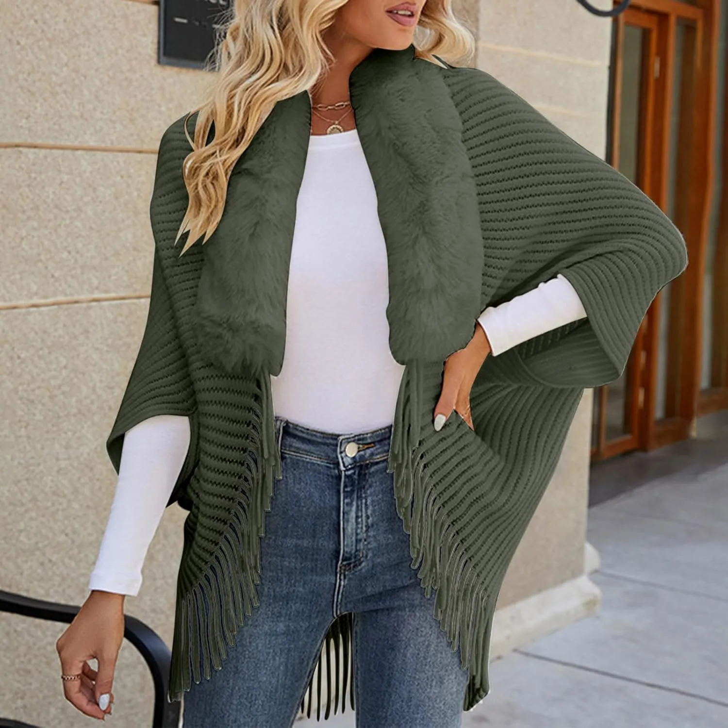 XUNRYAN Womens Sweaters Cardigan Winter Faux-Fur Coat Open Front Cardigans Chunky Knit Fringe Shawl Wraps Wedding Jackets