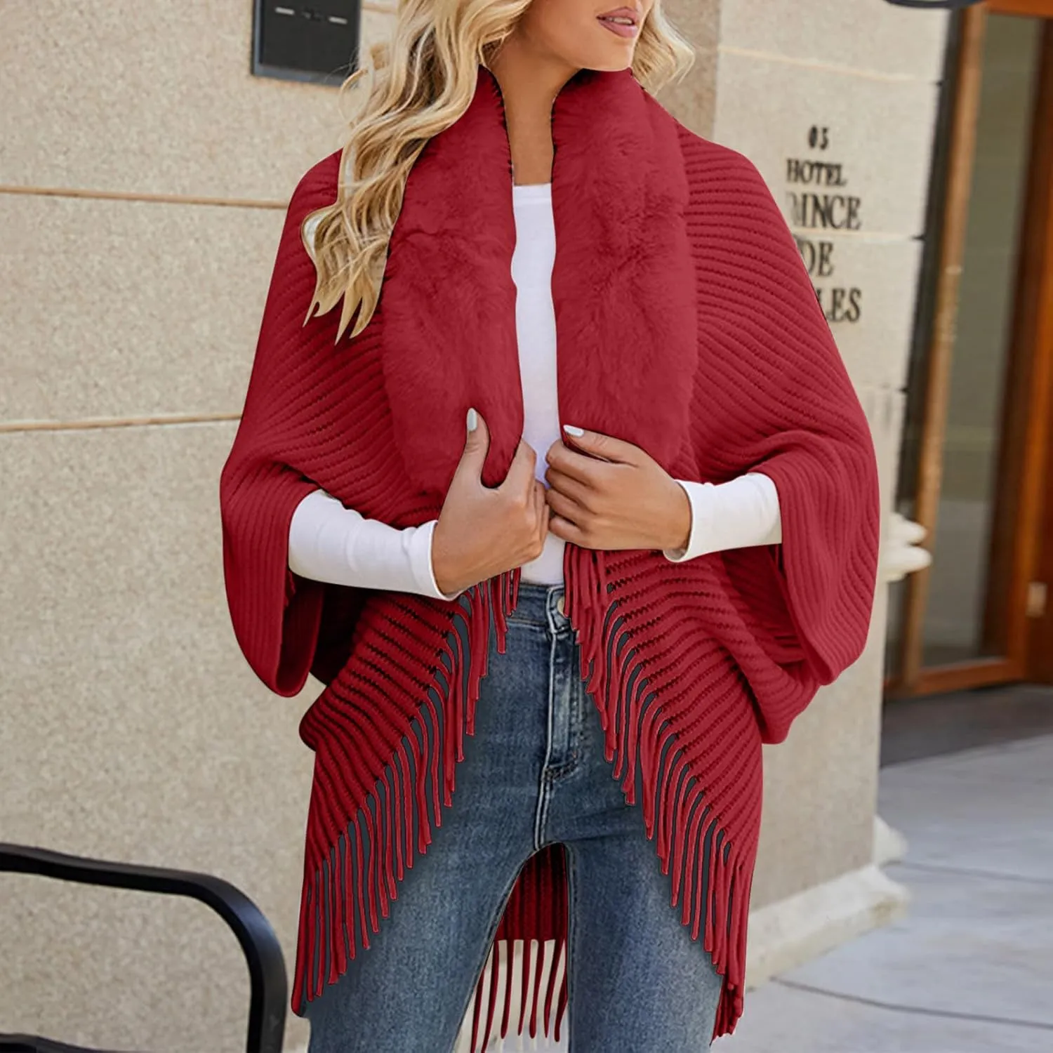 XUNRYAN Womens Sweaters Cardigan Winter Faux-Fur Coat Open Front Cardigans Chunky Knit Fringe Shawl Wraps Wedding Jackets