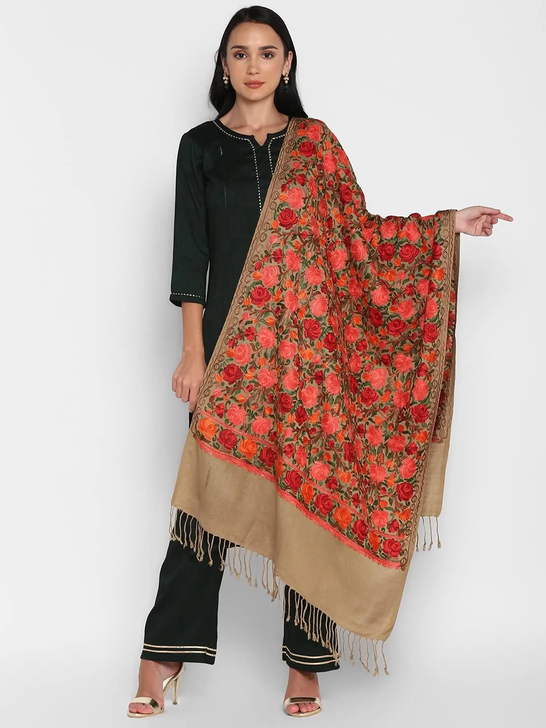 Zamour Women Embroidered Large Scarf Wrap Faux Pashmina Wool, Indian Kashmiri Oversize Winter Scarves Wraps Stole Shawl