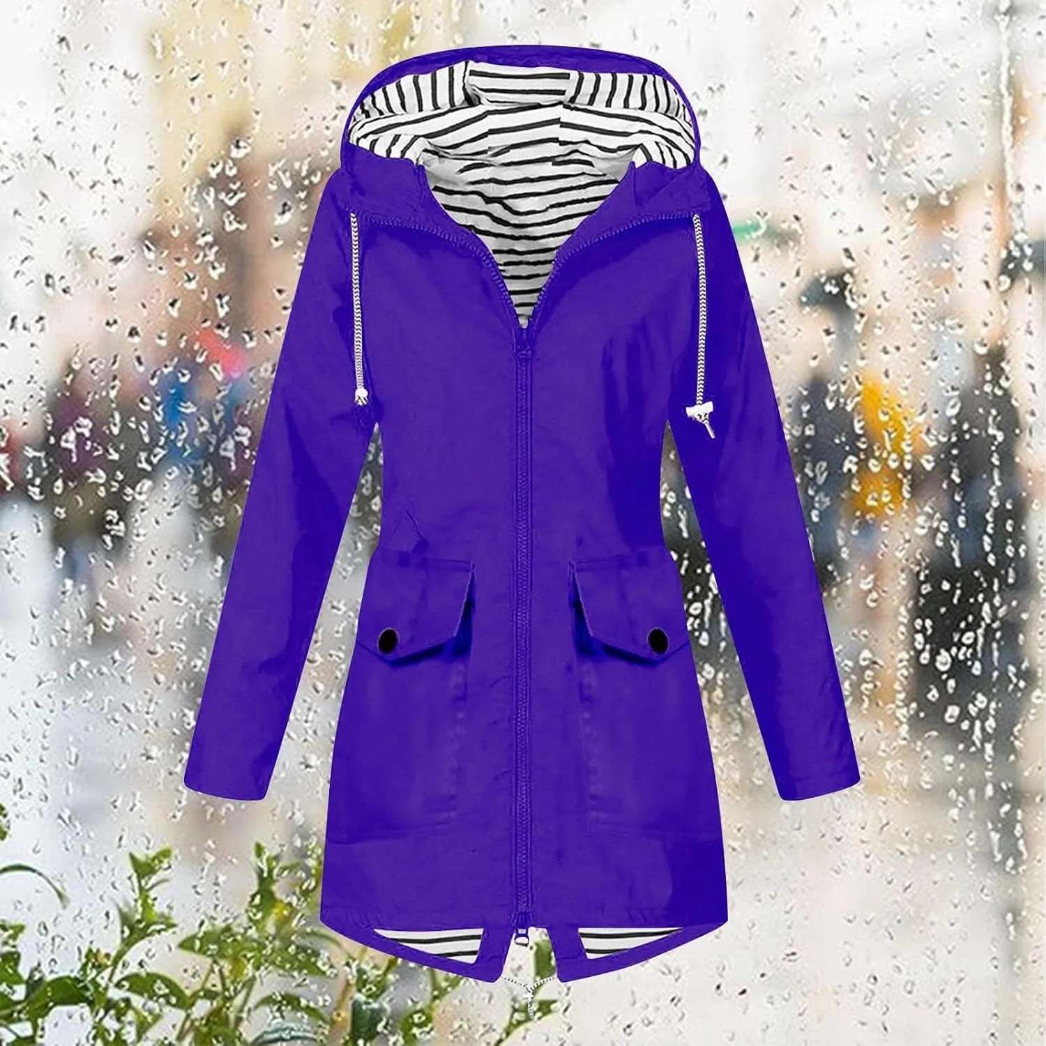 ZEFOTIM Womens Rain Jacket with Hood Waterproof Light Weight Casual Raincoat with Pockets Zip Up Travel Hiking Jackets