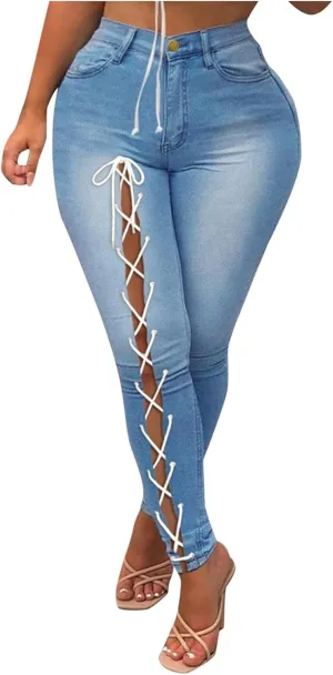 zhuiming Women Ripped High Waisted Jeans Slim Destroyed Denim Pants Distressed Hole Skinny Jeans Pencil Pants Trousers Blue
