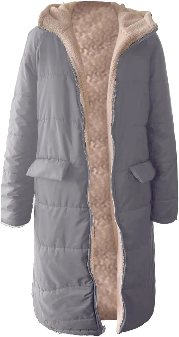 Zip sherpa Coat Down Jacket Hooded Puffer Jacket Lightweight Winter Coat Women Casual Fleece Jacket Coats Long