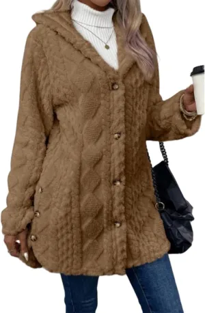 ZWRXW Women's Winter Warm Sweaters Coats Button Down Chunky Cable Knit Outerwear Open Front Long Sleeve Hooded Coatigan