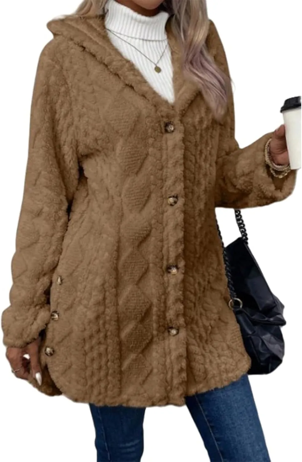 ZWRXW Women's Winter Warm Sweaters Coats Button Down Chunky Cable Knit Outerwear Open Front Long Sleeve Hooded Coatigan