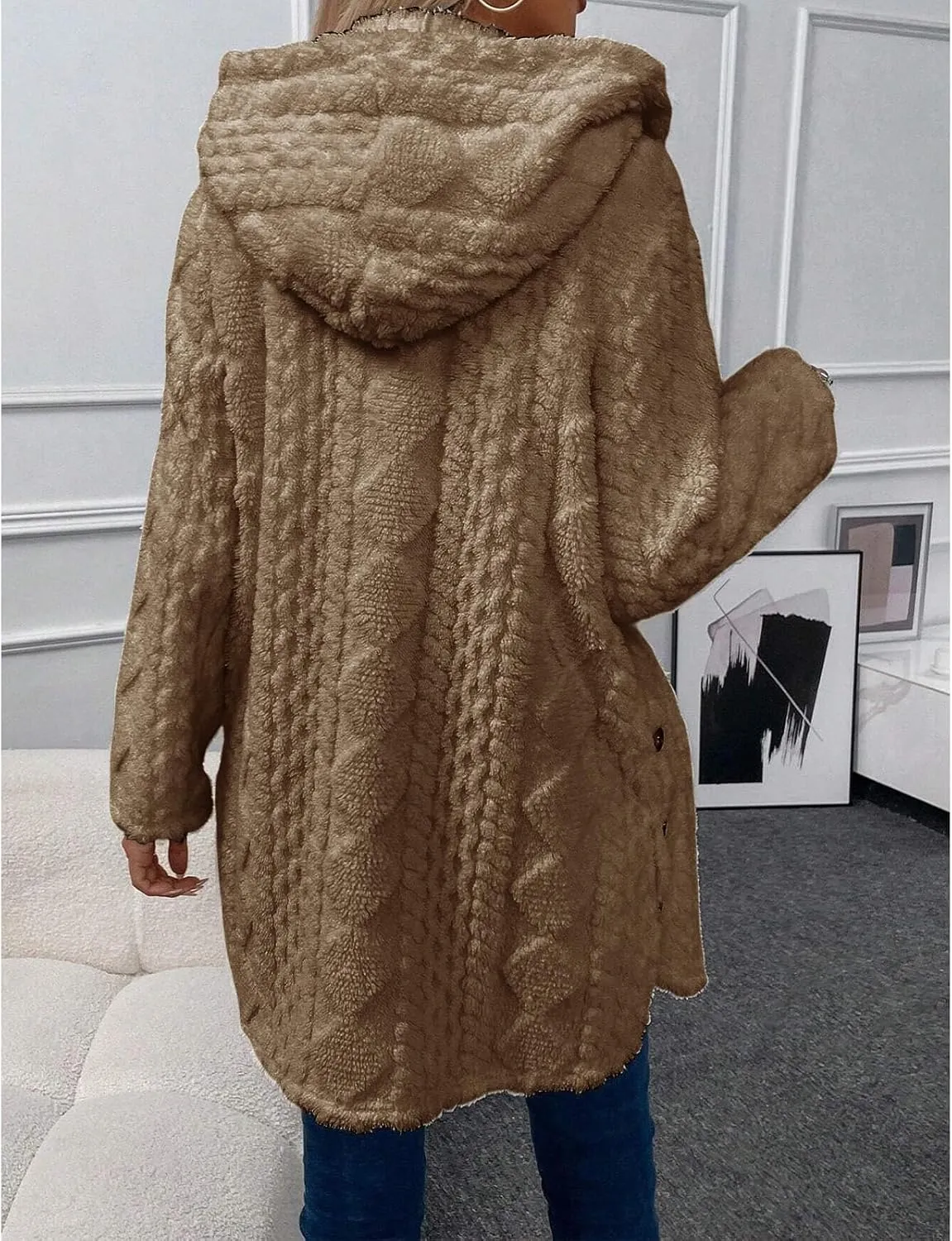 ZWRXW Women's Winter Warm Sweaters Coats Button Down Chunky Cable Knit Outerwear Open Front Long Sleeve Hooded Coatigan