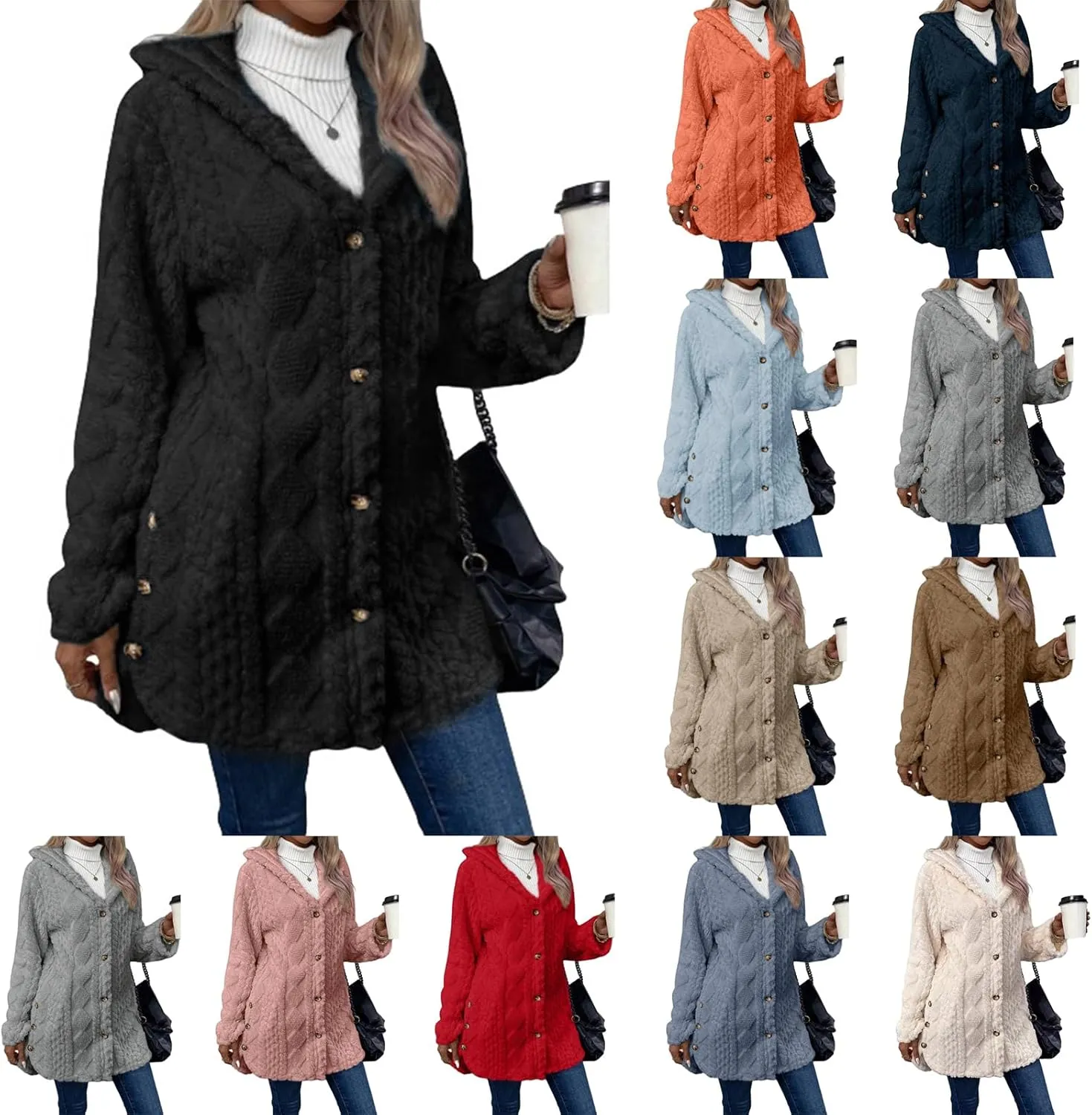 ZWRXW Women's Winter Warm Sweaters Coats Button Down Chunky Cable Knit Outerwear Open Front Long Sleeve Hooded Coatigan