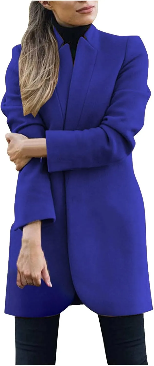 ZYXTIM Women's Classic Notched Lapel Coats Long Sleeve Open Front Wool Blend Fashion Casual Business Trench Coat Blazer