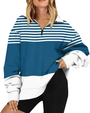 ZYXTIM Women's Fashion Striped Sweatshirts Quarter Zip Long Sleeve Pullover Tops Casual Sweaters Teen Girls Fall Y2K Clothes